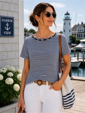 JAX Blue White Striped Ribbed Knit Top Rope Grommet Detail Sz L Stretch Coastal